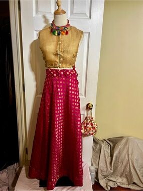 Vintage Handmade Fuchsia Gold Floral Motif Boho Gypsy Circle Maxi Skirt 34/XL